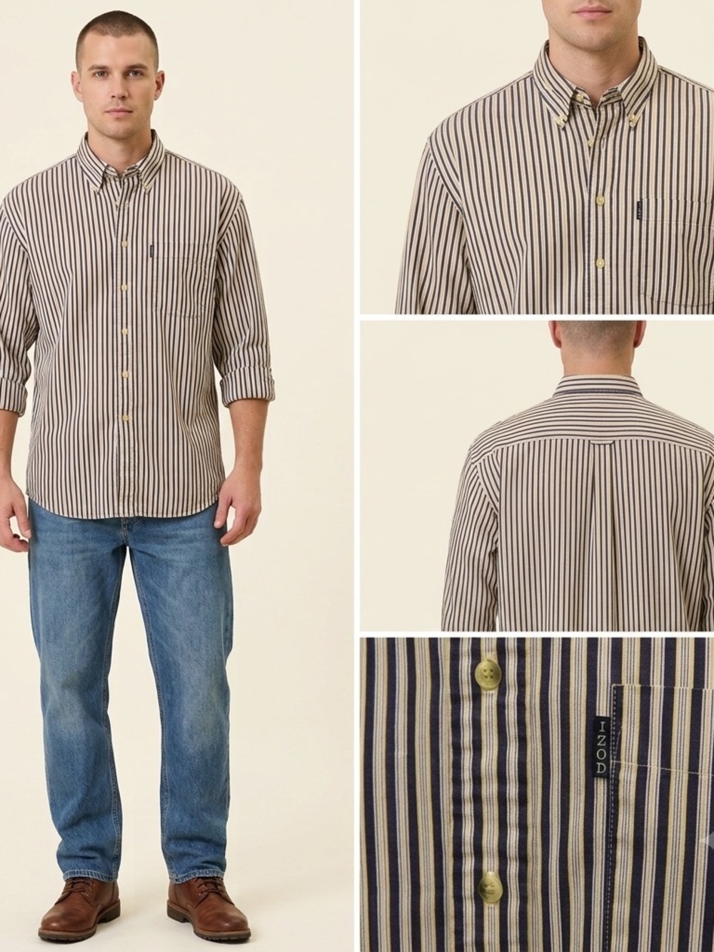 VTG Men’s IZOD Cotton Navy Yellow Striped Button-Down Shirt Large